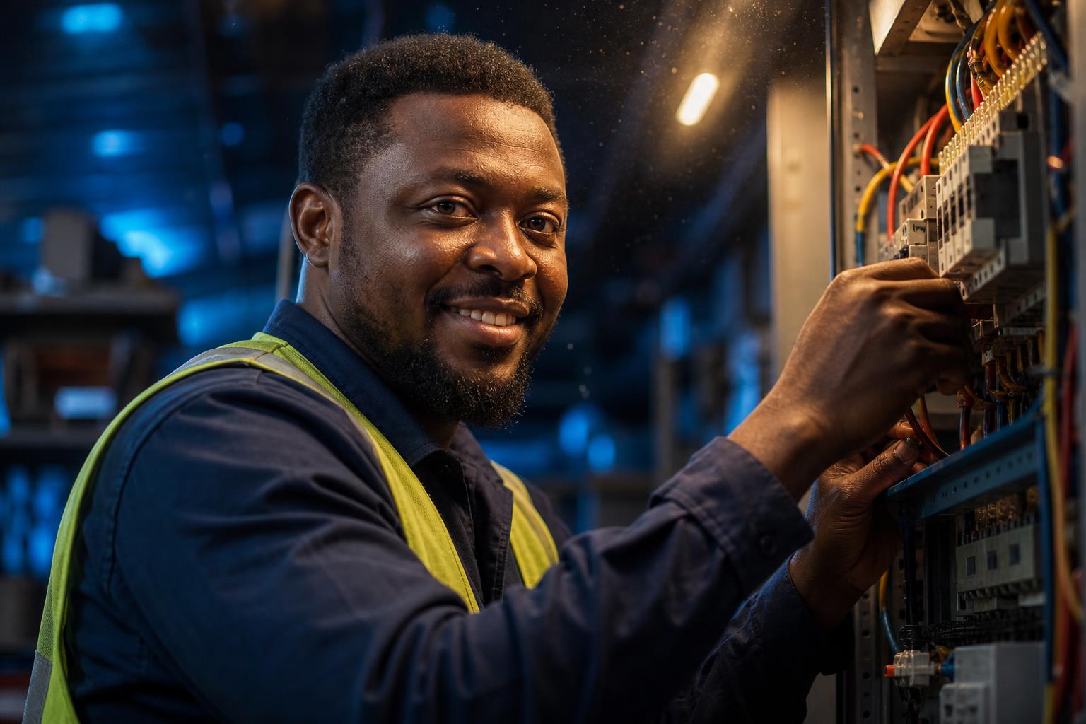 SkyScrappers electrician working on a power distribution panel